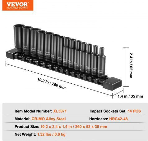 Vevor Καρυδάκια Εξάγωνα με Καρέ Υποδοχής 1/4" Σετ 14τμχ