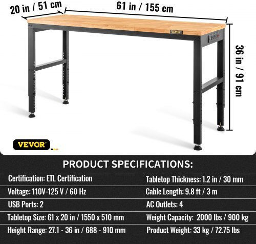 Регулируема работна маса Vevor 61"x20"