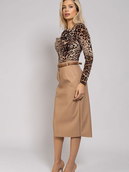 Leather Midi Skirt Beige