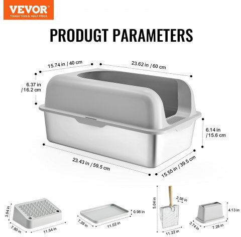 Vevor Cat Basin with Filter Gray L60 x W40 x H30cm