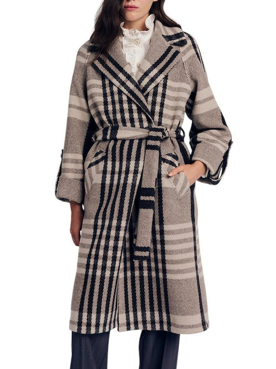 Wool Women's Checked Grey Checkered Coat with Buttons