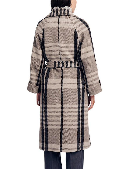 Wool Women's Checked Grey Checkered Coat with Buttons