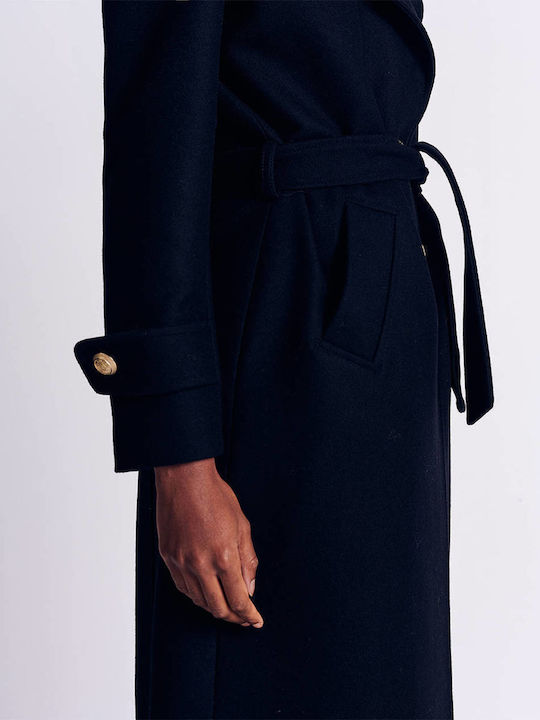 Women's Wool Long Coat with Buttons Black