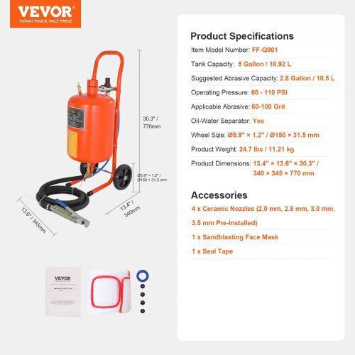Vevor Sandblasting 5 Gallons 60-110 Psi 4 Nozzles Psg5jl6125ps7xjmjv0
