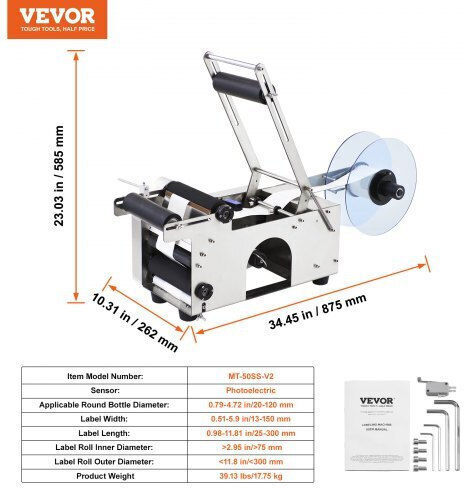 Mașină de Etichetat Sticle Vevor Mt-50 Semi-Automată Reglabilă 50 Bucăți pe Minut Sticle 12-90mm Mt-50yptbj0000001v2
