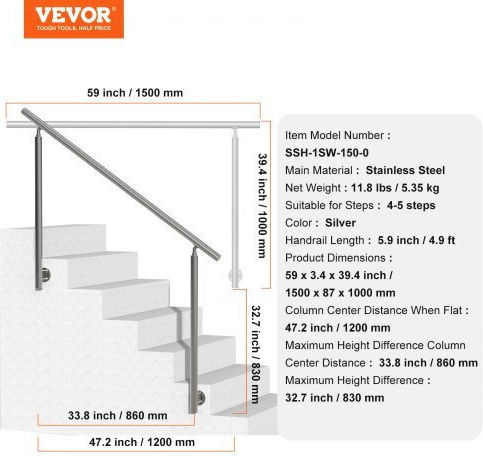 Vevor 59 Handrails Outdoor Stairs Side Support Bxgslzfs150cqri7ov0