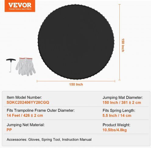 Vevor Replacement Trampoline Mat Frame 14ft 72 V-rings Springs 5.5" Yxbctd14yc72djpycv0