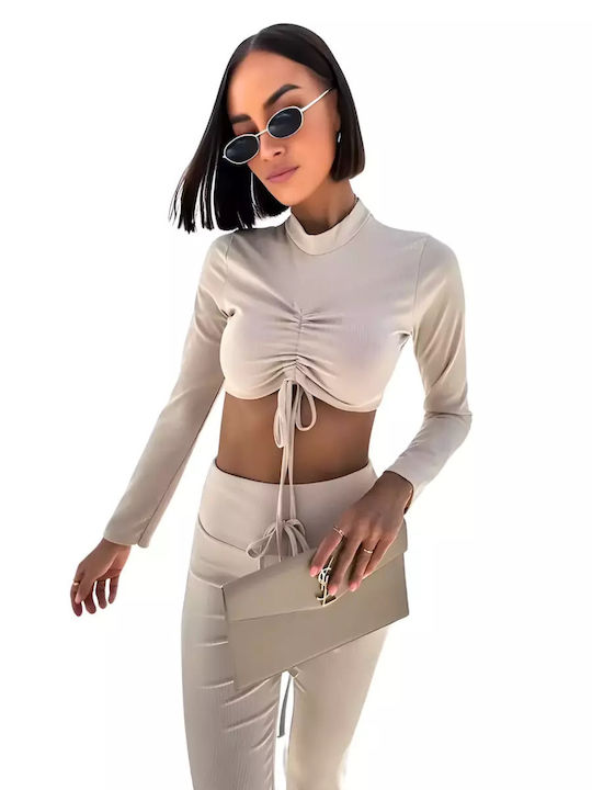 Women's Beige Set with High-waisted Pants with Elastic