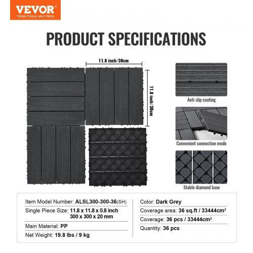 Vevor Плочка за градински под от Пластмаса 30.48x30.48бр 36бр