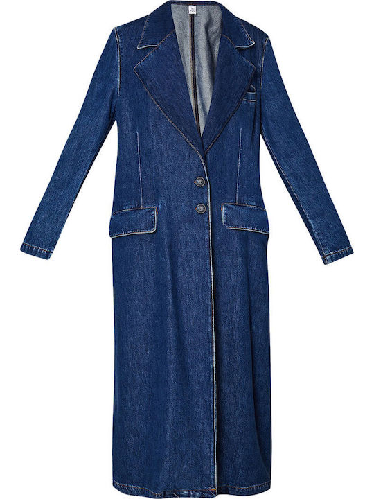Γυναικείο Denim Blue Παλτό με Κουμπιά
