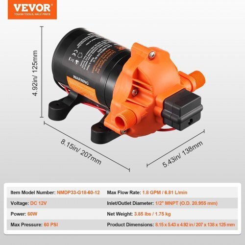 Vevor Diaphragm Pump 12v 1.8gpm 6.81 L Min 3-Chamber Pressure Switch 12vyysb3q18gvu9m9v9