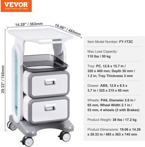 Vevor Mobile Medical Cart 3 Levels 2 Drawers & 1 Top Tray White Systceckfbs498tjsv0
