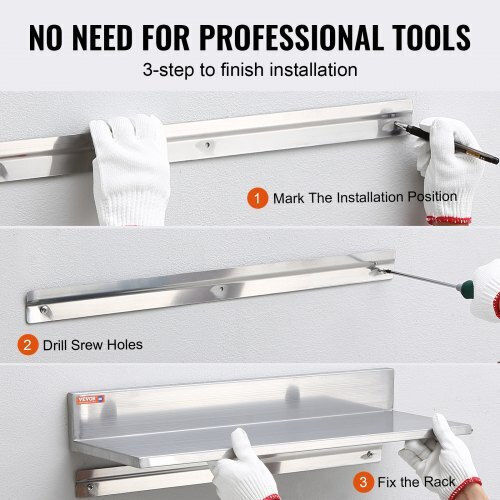 Vevor Stainless Steel Shelf 8.6" X 16" Back 44 Lbs Wall-Mounted Professional Use Bgscttll86162mwqsv0