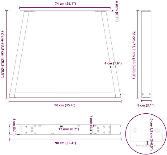 vidaXL Metallic Furniture Leg 3 Pieces Suitable for Table / Coffee Table / Office 90x72cm Brown
