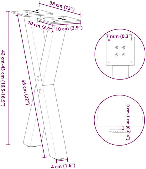 vidaXL Metallic Furniture Leg 2 Pieces Suitable for Table / Coffee Table / Office 38x4x42cm Black