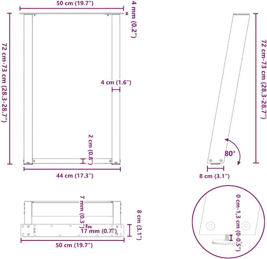 vidaXL Metallic Furniture Leg 2 Pieces Suitable for Table / Coffee Table / Office 50x72cm Black