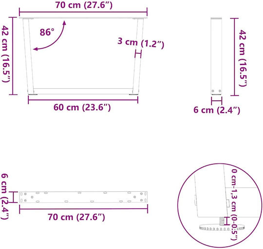 vidaXL Metallic Furniture Leg 2 Pieces Suitable for Table / Coffee Table / Office 70x42cm Natural