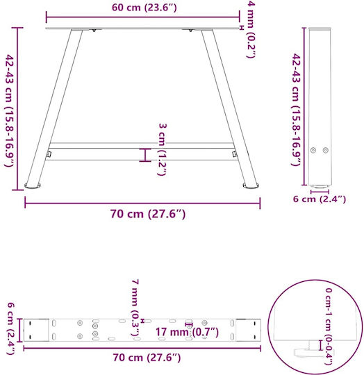 vidaXL Metallic Furniture Leg 2 Pieces Suitable for Table / Coffee Table 70x42cm White