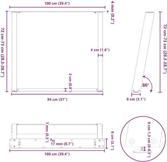 vidaXL Metallic Furniture Leg 2 Pieces Suitable for Table / Coffee Table / Office 100x72cm Black