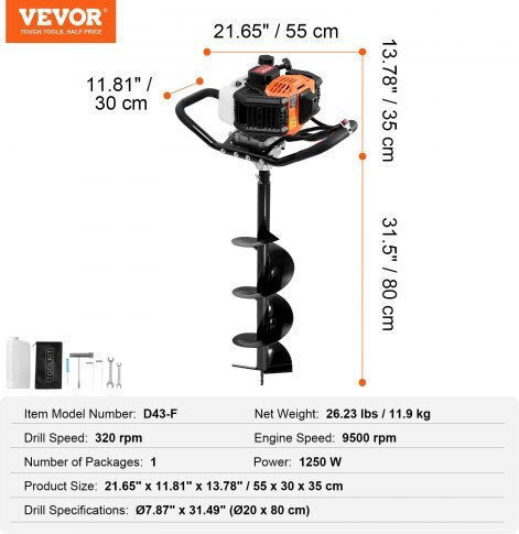 Vevor Gasoline Earth Auger with Spike 43cc 1250W RYLXZ8YC1G43ZVQV7V0