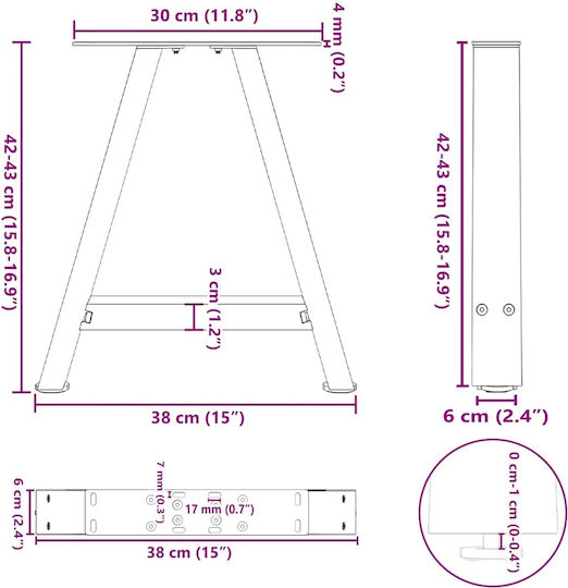 vidaXL Metallic Furniture Leg 2 Pieces Suitable for Table / Coffee Table 38x42cm Black