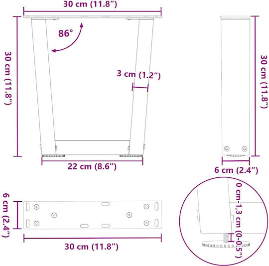 vidaXL Metallic Furniture Leg 2 Pieces Suitable for Table / Coffee Table / Office 30x30cm Brown