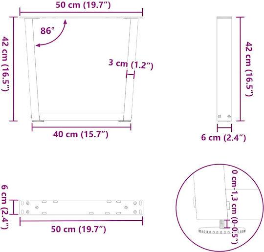 vidaXL Metallic Furniture Leg 2 Pieces Suitable for Table / Coffee Table / Office 50x42cm Brown
