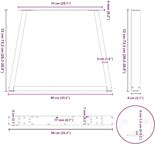 vidaXL Metallic Furniture Leg 2 Pieces Suitable for Table / Coffee Table / Office 90x72cm Brown