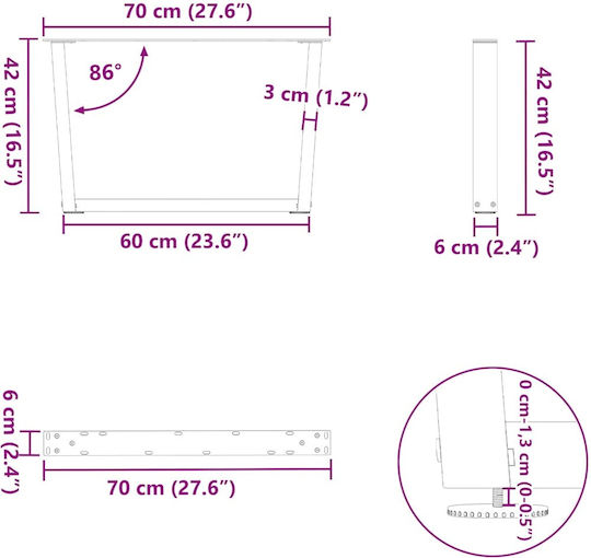 vidaXL Picior Metalic Pentru Mobilier 2 Bucăți Potrivit Pentru Masă / Măsuță / Birou 70x42cm Negru