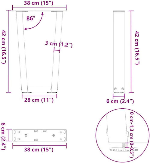 vidaXL Metallic Furniture Leg 2 Pieces Suitable for Table / Coffee Table / Office 38x42cm Brown