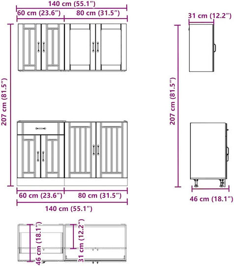 Kalmar Set Hängeschränke & Bodenschränke Küche mit Arbeitsplatte Gray 140x46x140Stück
