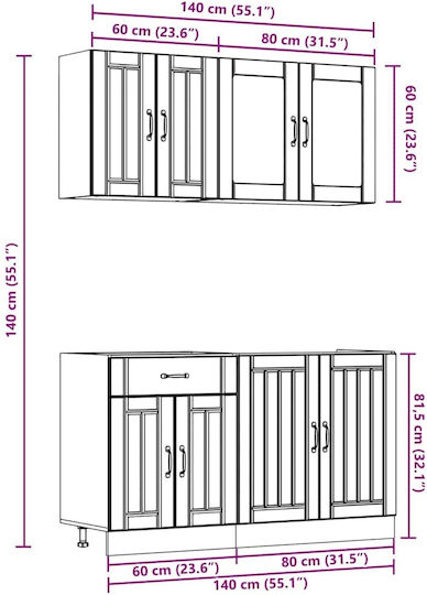 Kalmar Set Hängeschränke & Bodenschränke Küche mit Arbeitsplatte Gray 140x46x140Stück