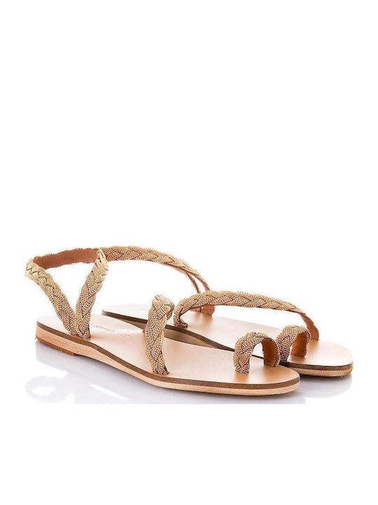Leder Flache Sandalen für Damen mit Riemen Gold Raffia