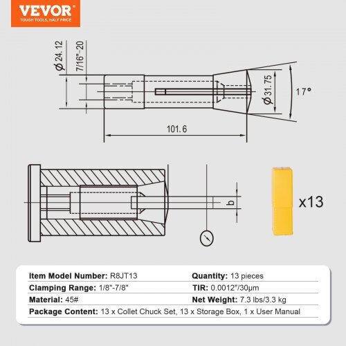 Vevor Set of 13 Precision Collets R8 1/8'' 7/8'' Steel 45# Milling Machine Drill Center Machining R8jt13pcsw00o2d91v0