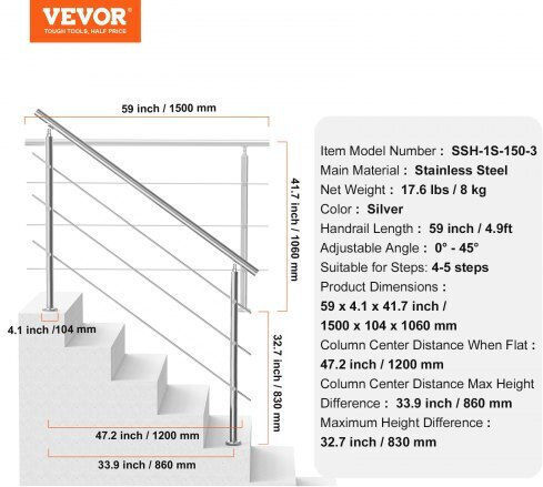 Vevor Handrails 59in Outdoor Steps 3 Crosses Porch Deck Bxgslzfs150cbu3ngv0