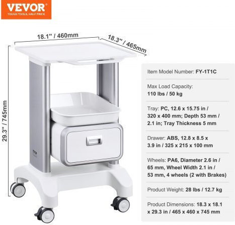 Vevor Mobile Medical Cart 2-Tier Drawer & Tray White Systceckfbs42j1z1v0