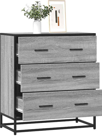 Wooden & Metallic Chest of Drawers with 3 Drawers Grey Sonoma 68x35x76cm