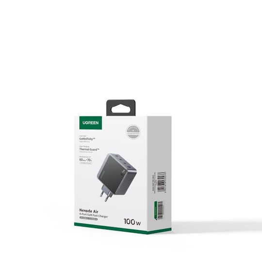 Ugreen Φορτιστής Χωρίς Καλώδιο GaN με Θύρα USB-A και 3 Θύρες USB-C 100W Power Delivery / Quick Charge 4.0 Γκρι (X565)