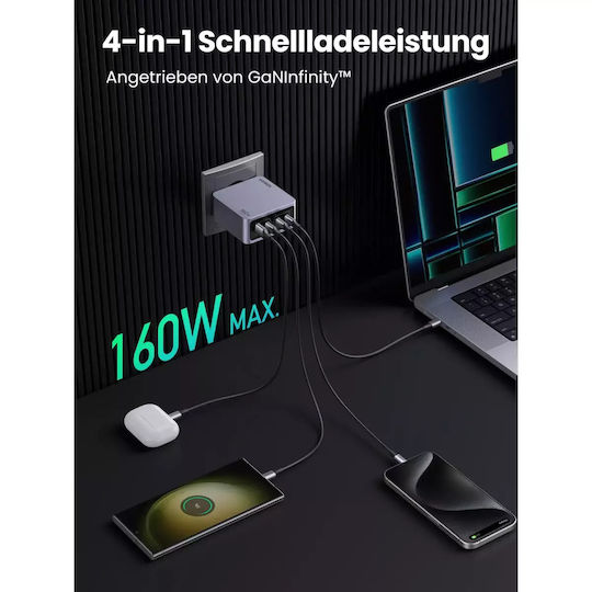 Ugreen Charger GaN with USB-A Port and 3 USB-C Ports and Cable USB-C - USB-C 160W Power Delivery Blacks (Nexode Pro)