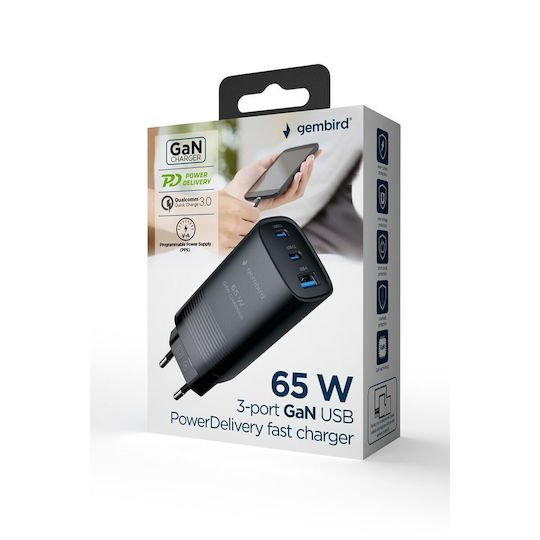 Gembird Wireless Charger GaN With USB-A Port And 2 USB-C Ports 65W Power Delivery Black (TA-UC-PDQC65-01-BK)