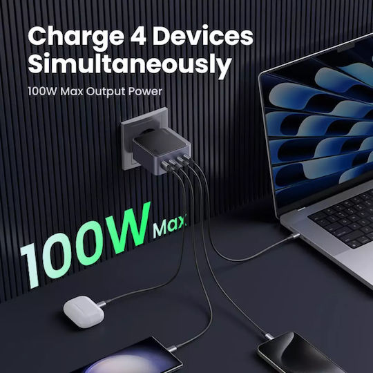 Ugreen Φορτιστής Χωρίς Καλώδιο GaN με Θύρα USB-A και 3 Θύρες USB-C 100W Power Delivery / Quick Charge 4.0 Γκρι (X565)