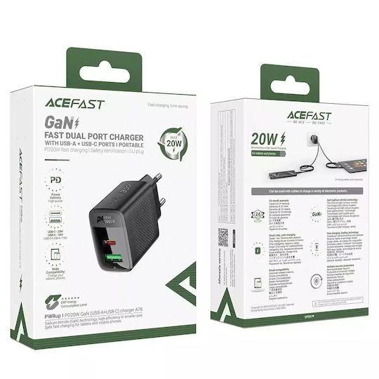 Acefast Φορτιστής Χωρίς Καλώδιο GaN με Θύρα USB-A και Θύρα USB-C 20W Power Delivery Μαύρος (A78)