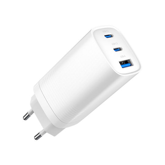 Gembird Wireless Charger GaN With USB-A Port And 2 USB-C Ports 65W Power Delivery Quick Charge 3.0 White (TA-UC-PDQC65-01-W)