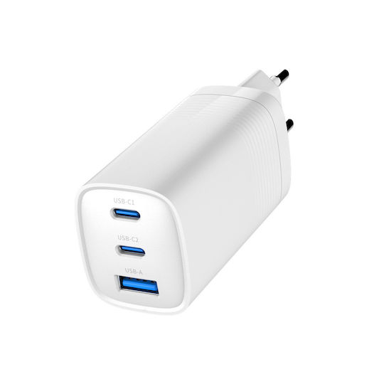 Gembird Wireless Charger GaN With USB-A Port And 2 USB-C Ports 65W Power Delivery Quick Charge 3.0 White (TA-UC-PDQC65-01-W)