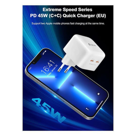 Devia Φορτιστής Χωρίς Καλώδιο GaN με 2 Θύρες USB-C 45W Power Delivery Λευκός (DVCH-366109)