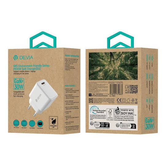 Devia Φορτιστής Χωρίς Καλώδιο GaN με Θύρα USB-C 30W Power Delivery Λευκός (EA455)