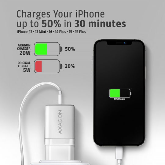 Axagon Charger Without Cable with USB-A Port and USB-C Port 20W Power Delivery / Quick Charge 2.0 / Quick Charge 3.0 / Quick Charge 4+ Whites (ΑCU-ΡQ20W)
