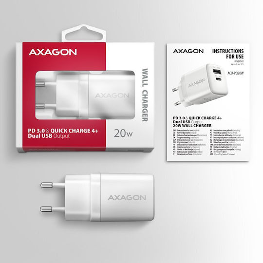 Axagon Charger Without Cable with USB-A Port and USB-C Port 20W Power Delivery / Quick Charge 2.0 / Quick Charge 3.0 / Quick Charge 4+ Whites (ΑCU-ΡQ20W)