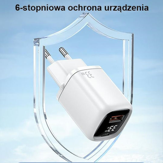 Usams Charger Without Cable with USB-A Port and USB-C Port 33W Power Delivery / Quick Charge 3.0 Blacks (CC152)
