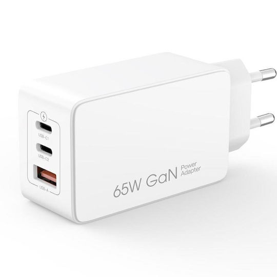 XO Charger GaN with USB-A Port and 2 USB-C Ports and Cable USB-C - USB-C 65W Power Delivery Whites